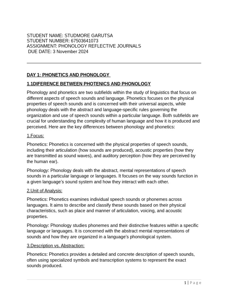 Phonology Reflective Journal PDF Stress (Linguistics) Phonetics