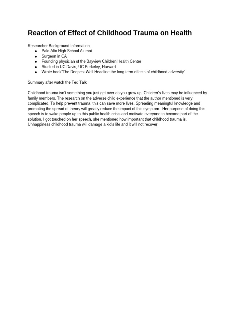 Reaction of Effect of Childhood Trauma On Health | PDF