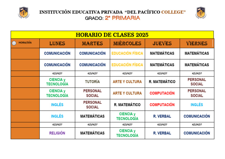 Horario Clases 2° Primaria 2025 | PDF