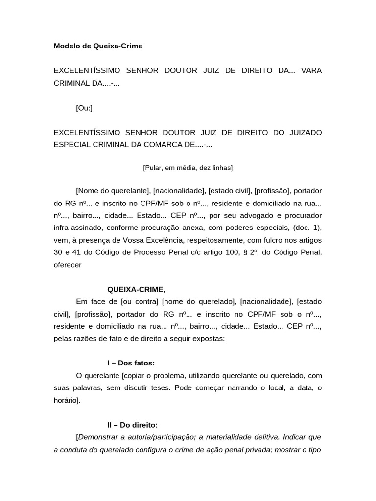 Modelo de Queixa-Crime Detalhado | PDF | Crimes | Crime e Violência
