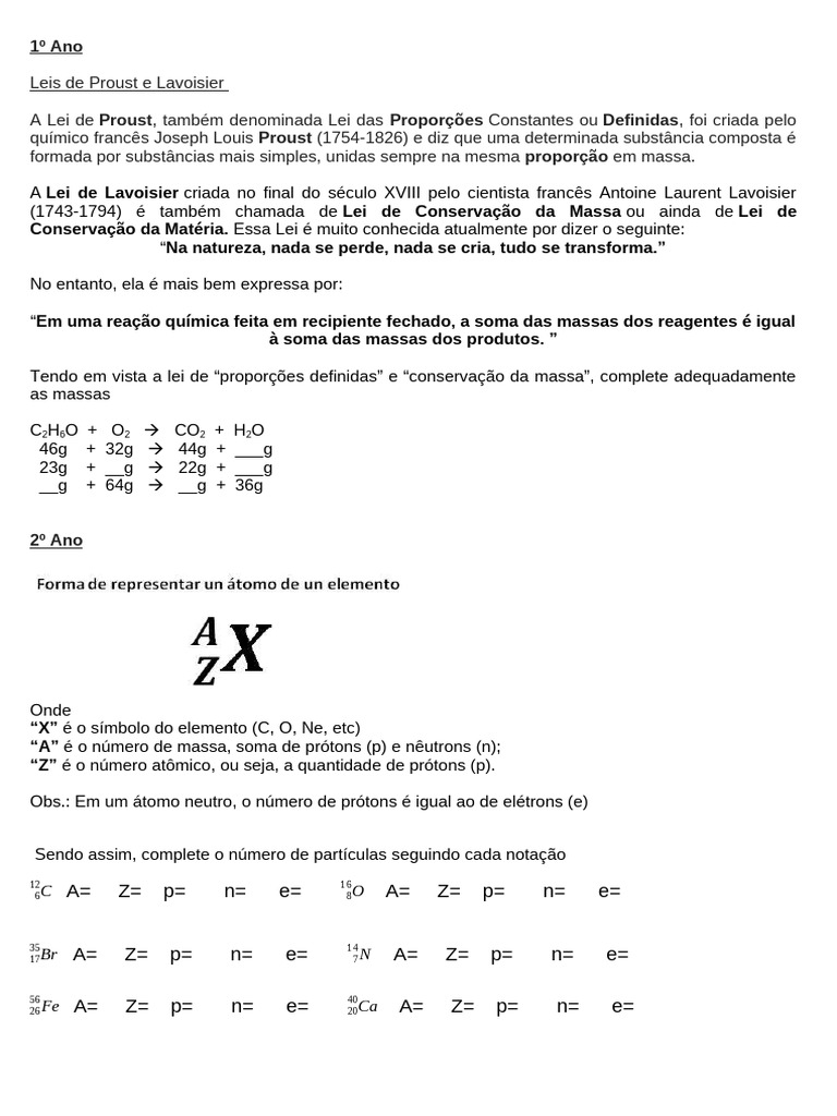 Exercícios sobre Leis de Proust e Lavoisier | PDF