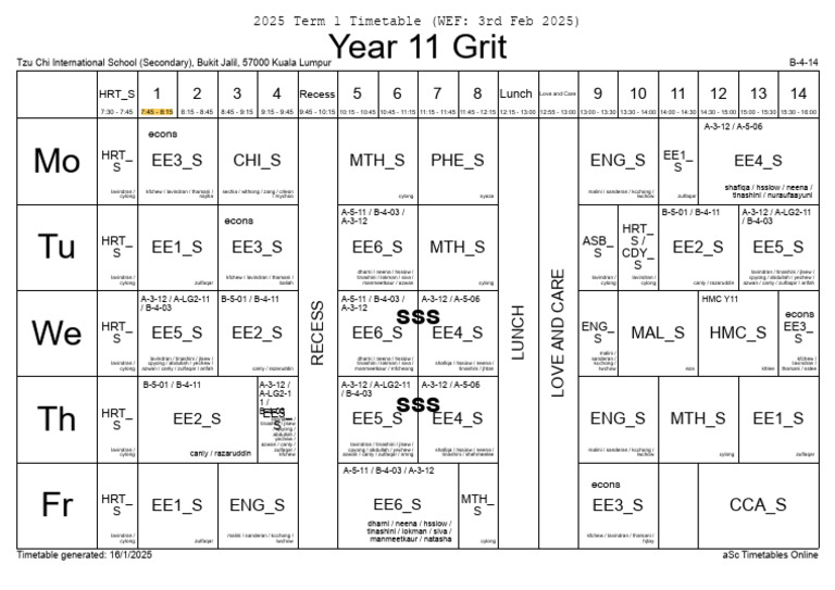 2025 Year 11 Term 1 Timetable | PDF