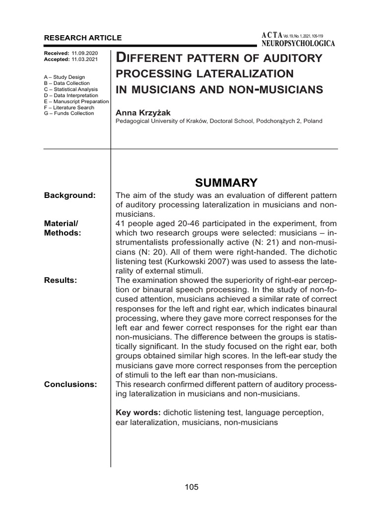 Auditory Processing in Musicians vs. Non-Musicians | PDF ...