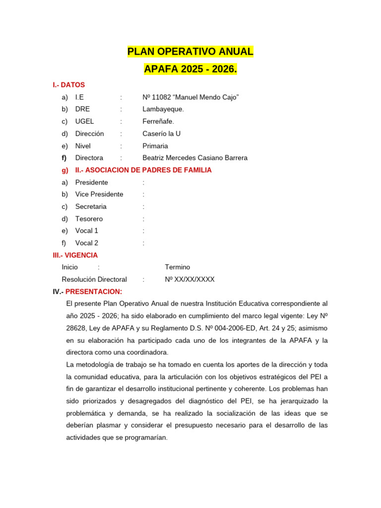 Plan Operativo Anual APAFA 2025-2026 | PDF | Escuelas | Aprendizaje