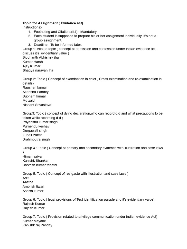 Indian Evidence Act Assignment Topics | PDF