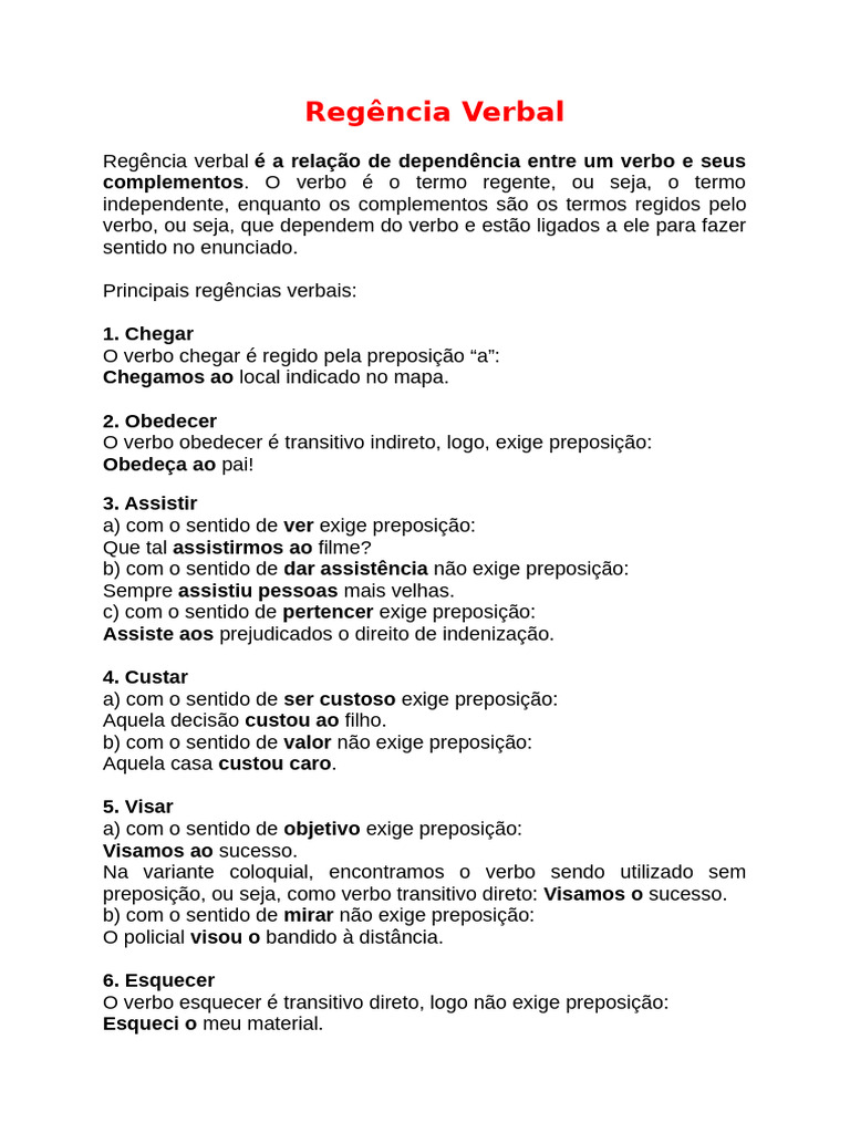 Regência Verbal: Regras e Exemplos | PDF