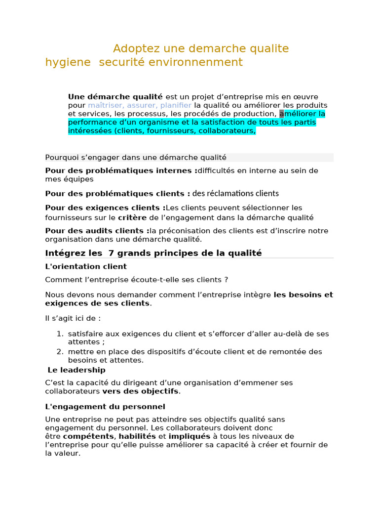 Démarche qualité : principes et avantages | PDF | Business | Partie ...