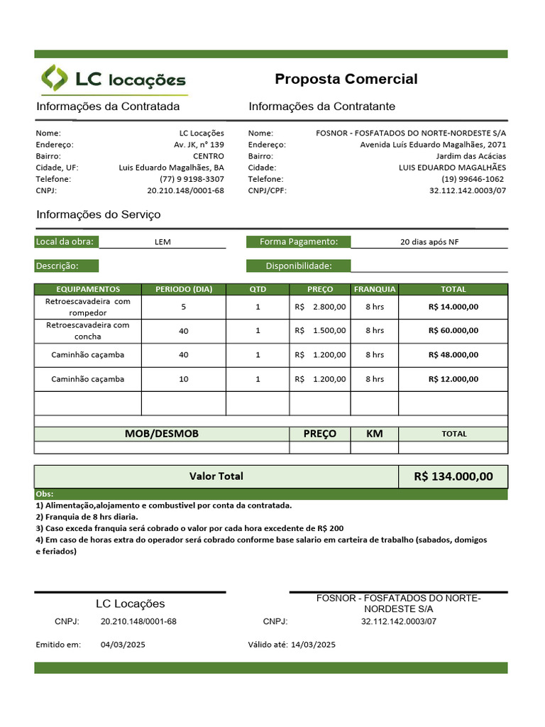 Proposta Comercial de Locação de Equipamentos | PDF