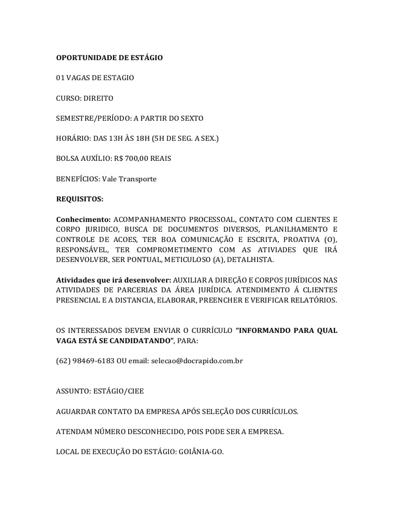 Estágio em Direito em Goiânia - Vaga 2023 | PDF
