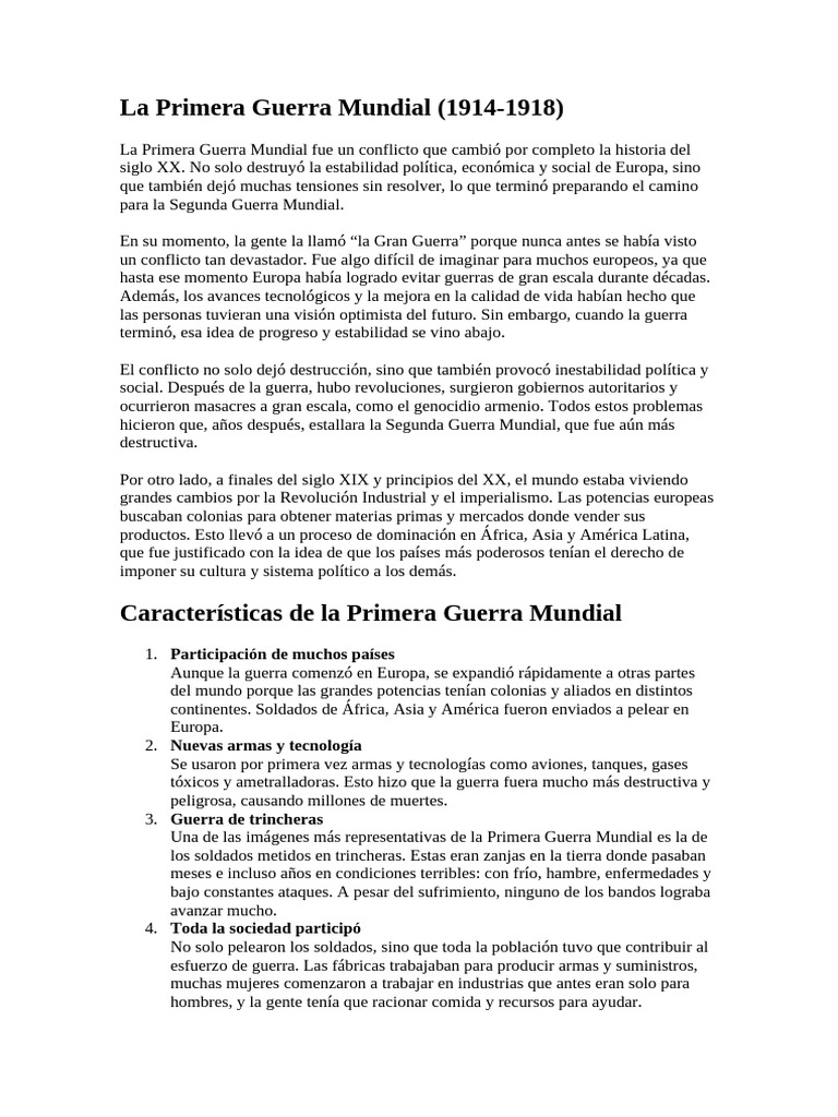 Impacto y características de la Primera Guerra Mundial | PDF | Primera ...