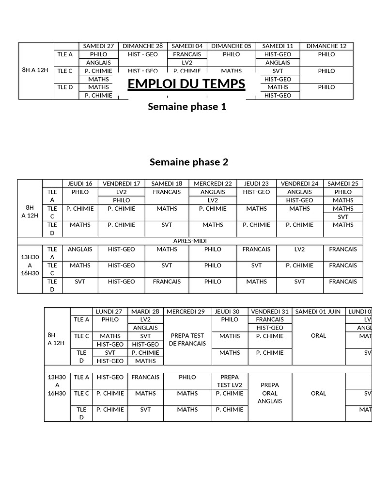 Emploi du Temps Terminale 2025 | PDF