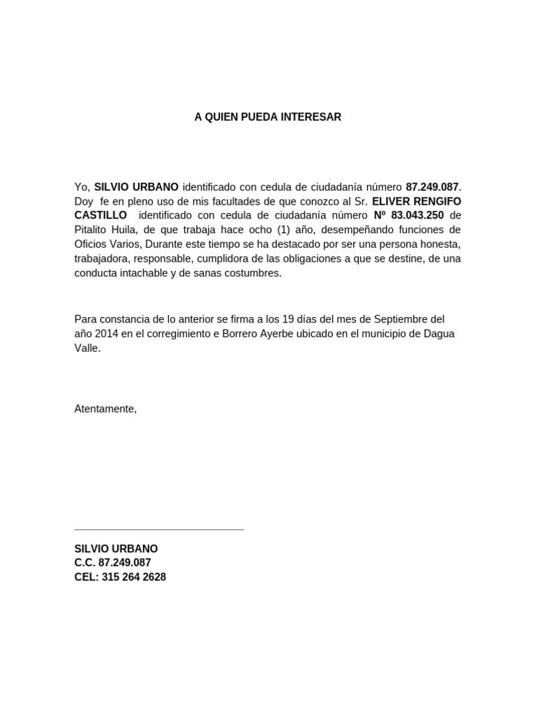 Certificación Laboral de Eliver Rengifo | PDF