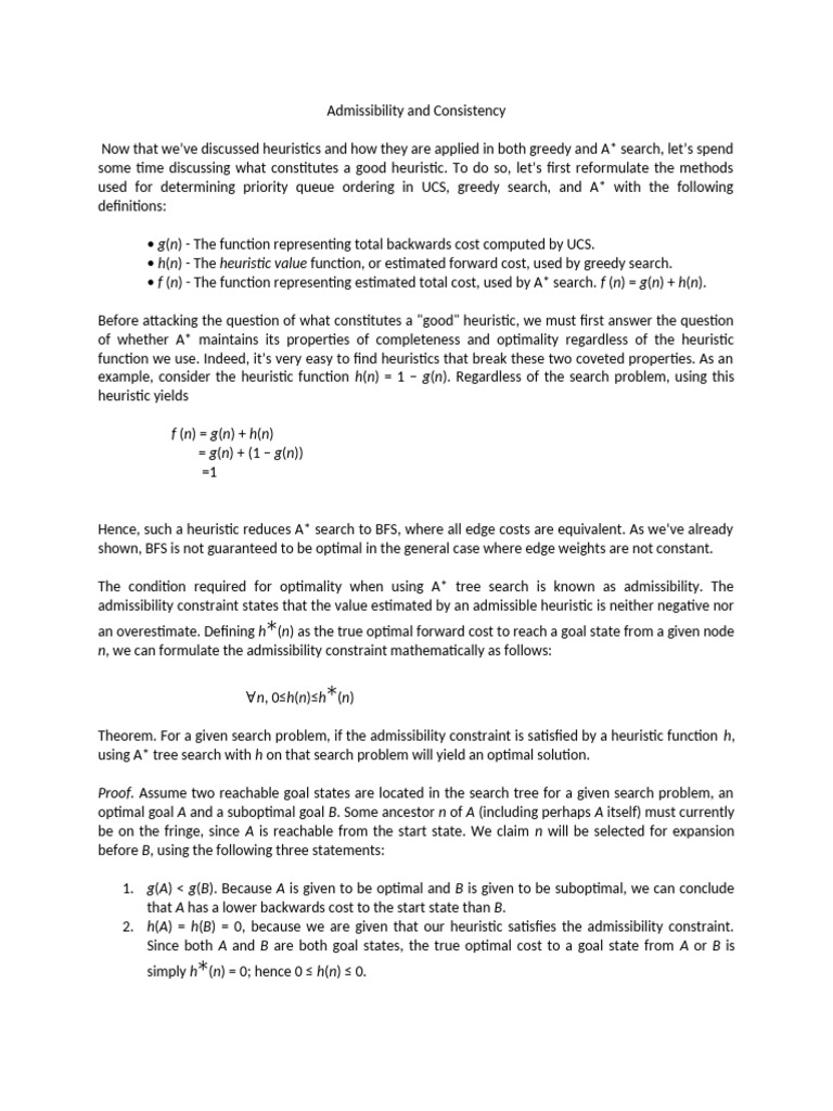 Admissibility and Consistency in Heuristics | PDF | Theoretical ...