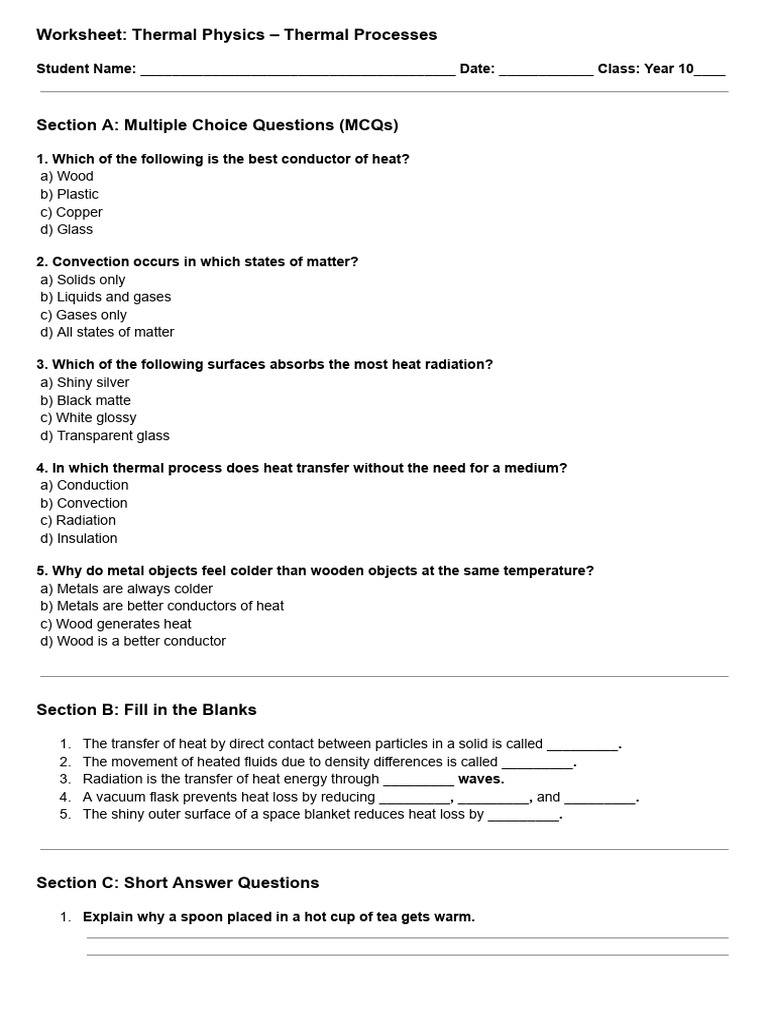 Thermal Physics Worksheet for Year 10 | PDF | Heat Transfer | Heat