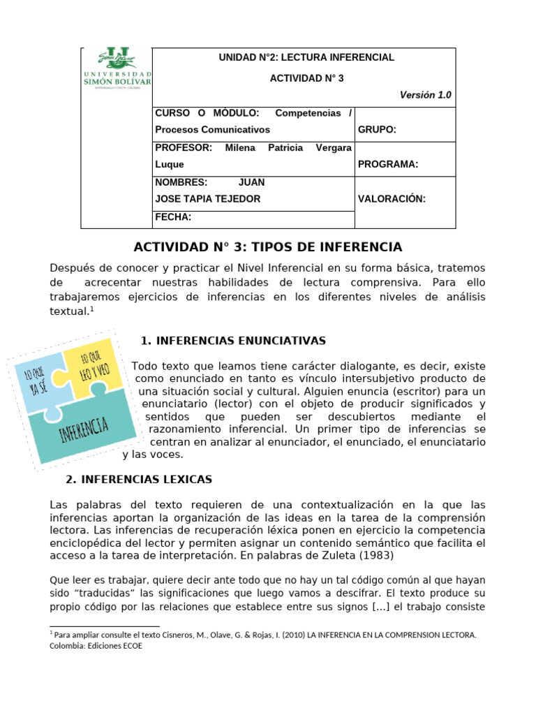 Tipos de Inferencias en la Lectura | PDF | Comprensión lectora ...