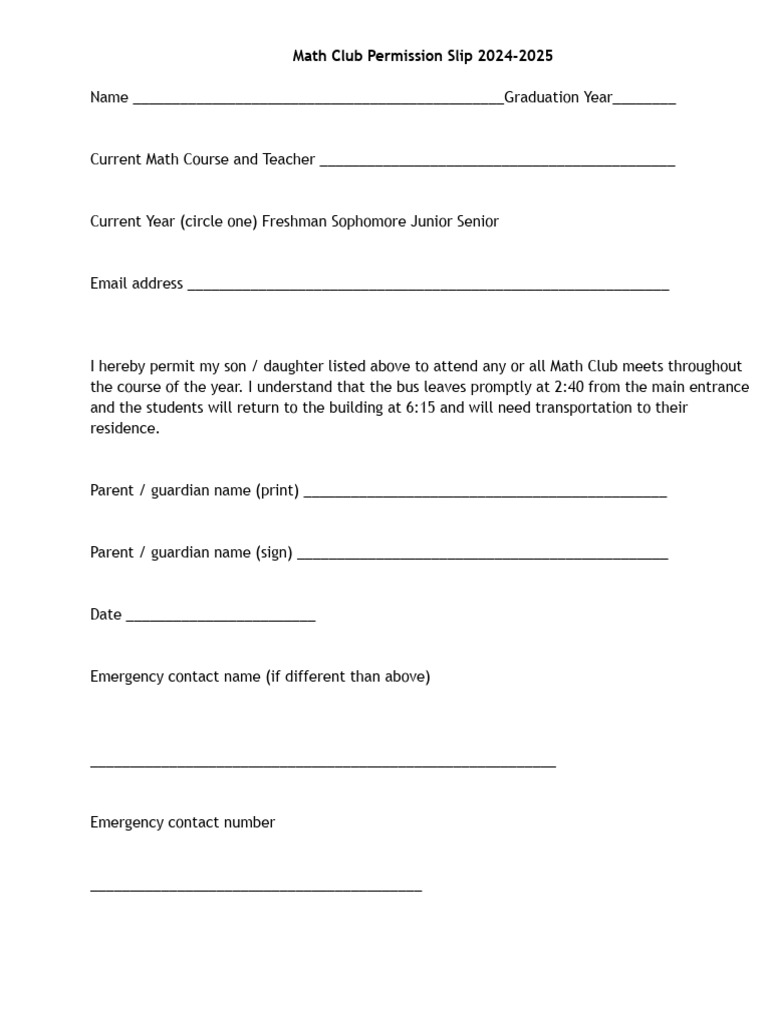Math Club Permission Slip 2024-2025 | PDF
