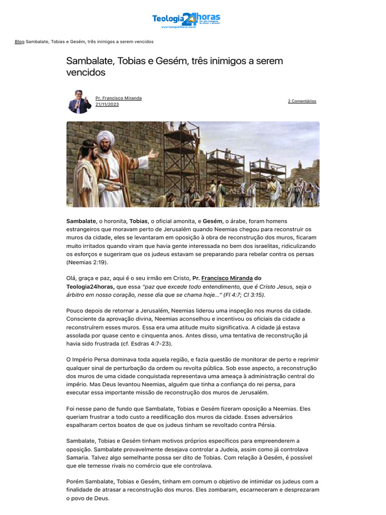 Sambalate, Tobias e Gesém: Inimigos de Neemias | PDF | Pecado | Deus