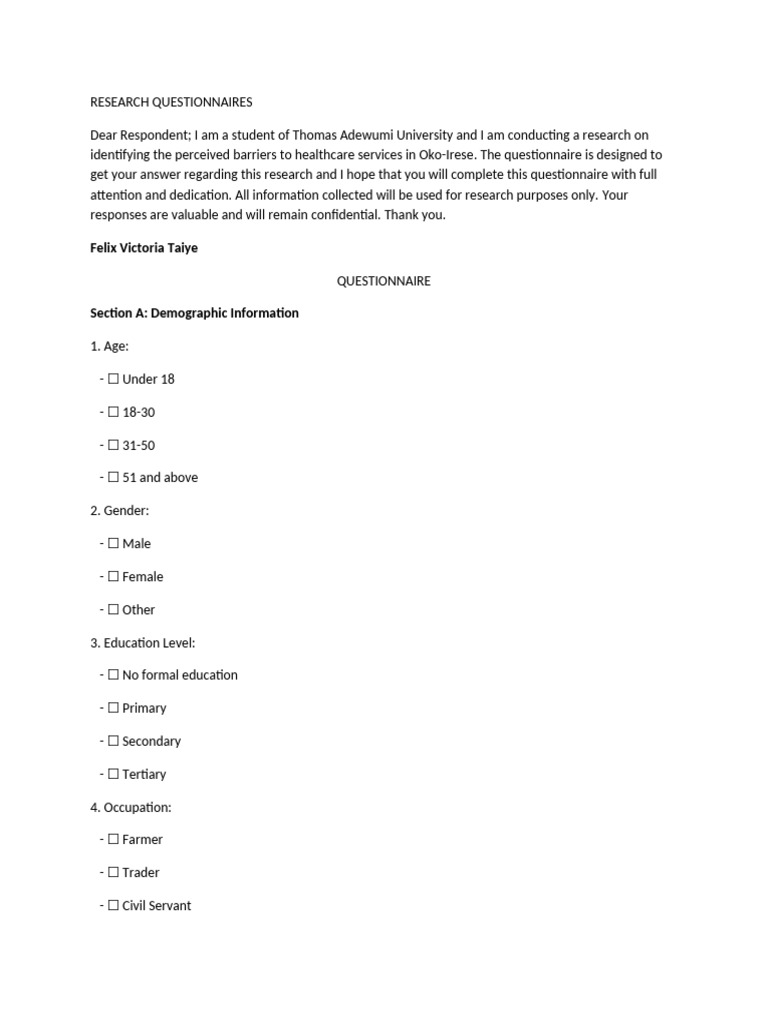 Felix Victoria's Research Questionnaires Updated | PDF | Health Care ...
