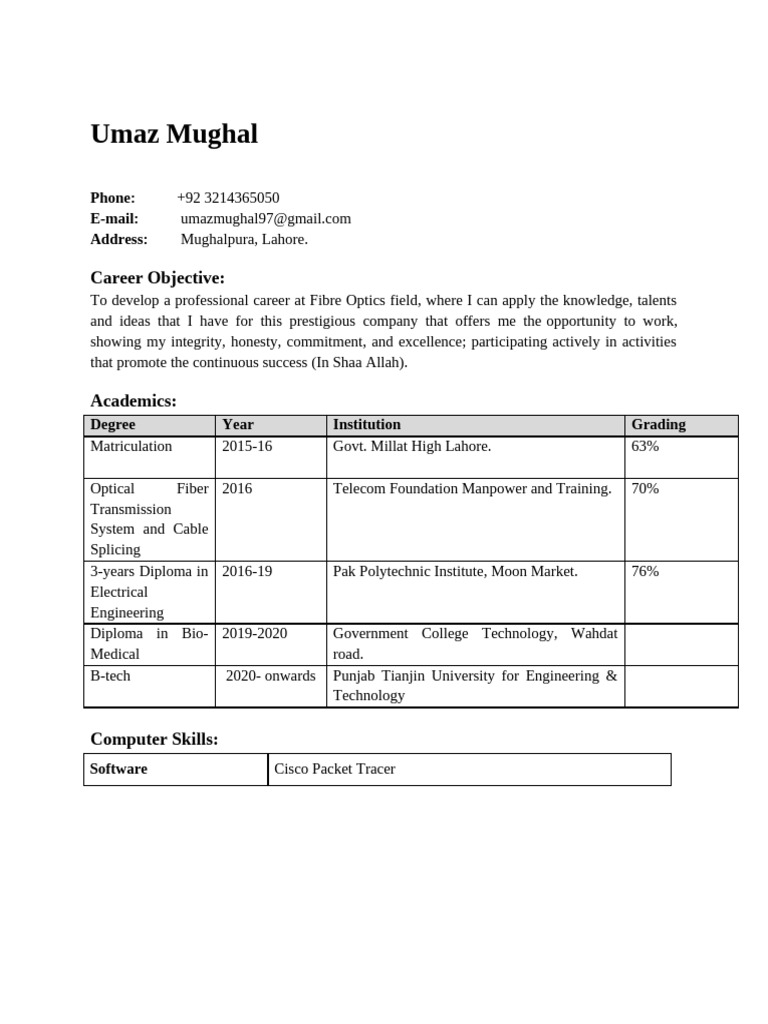 Umaz Mughal: Fibre Optics Career Profile | PDF