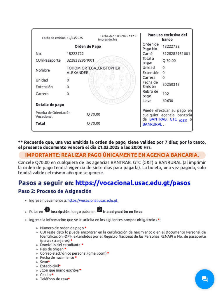 Instrucciones para Orden de Pago USAC | PDF