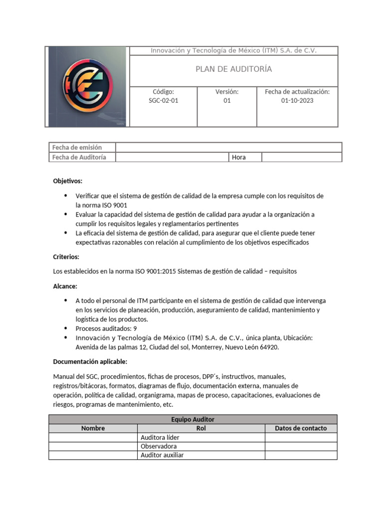 Plan de Auditoría ISO 9001 ITM S.A. | PDF | Sistema de manejo de ...