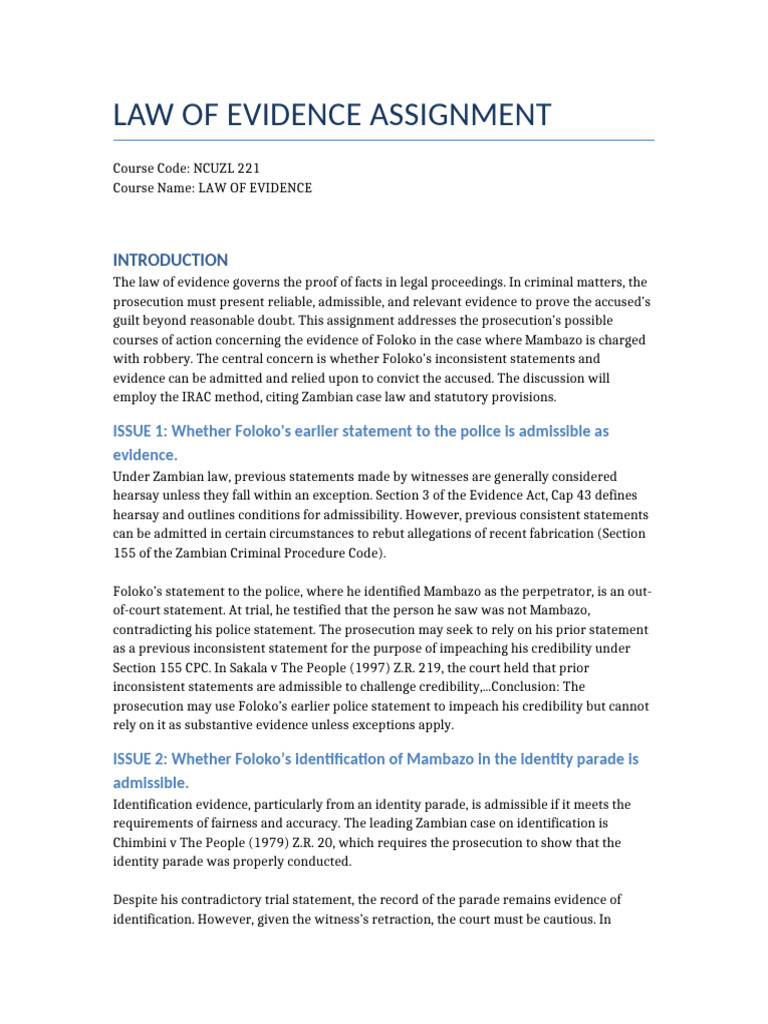 Admissibility of Evidence in Zambian Law | PDF | Witness Impeachment ...