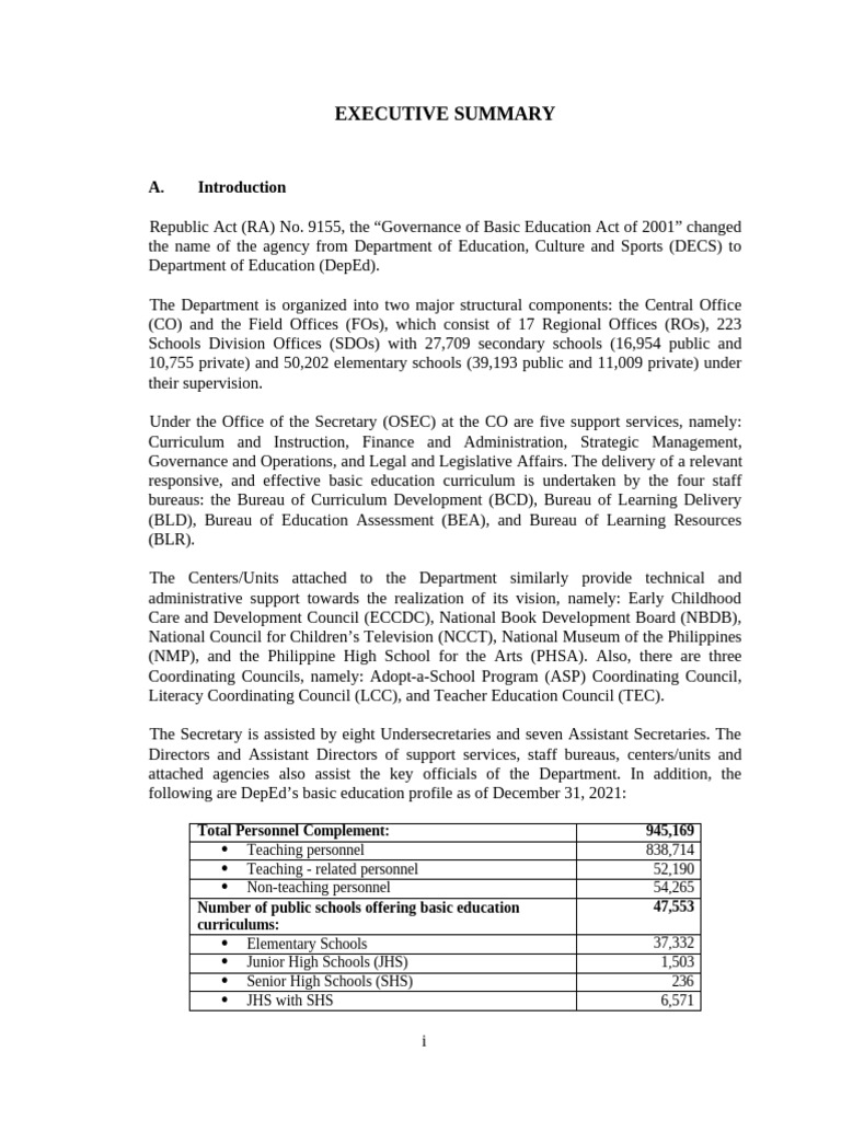 Department of Education Executive Summary 2021 | PDF | Audit | Bookkeeping