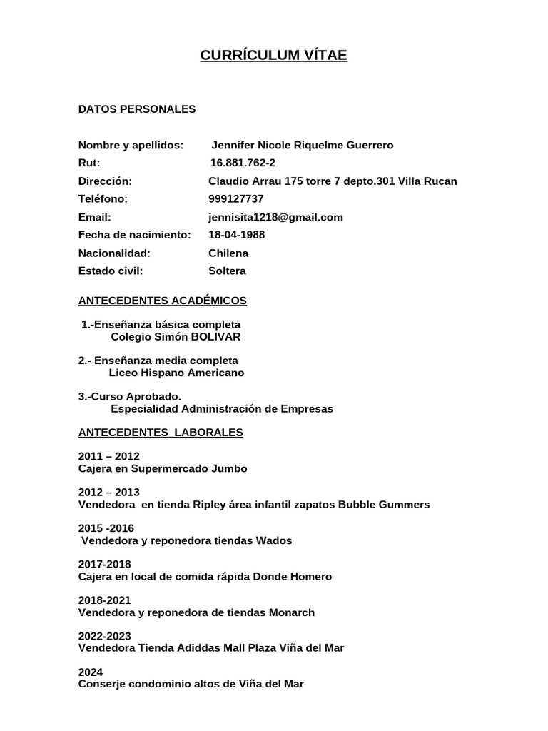 Currículum Vitae de Jennifer Riquelme | PDF