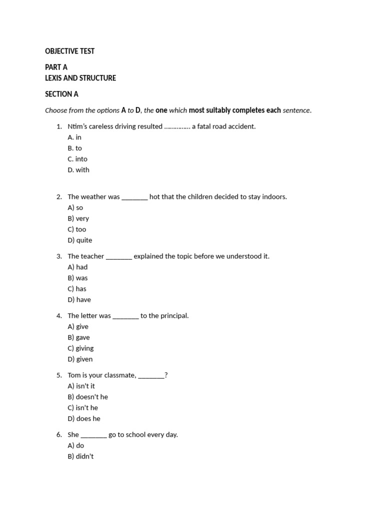 Form 1 English Objective Test | PDF