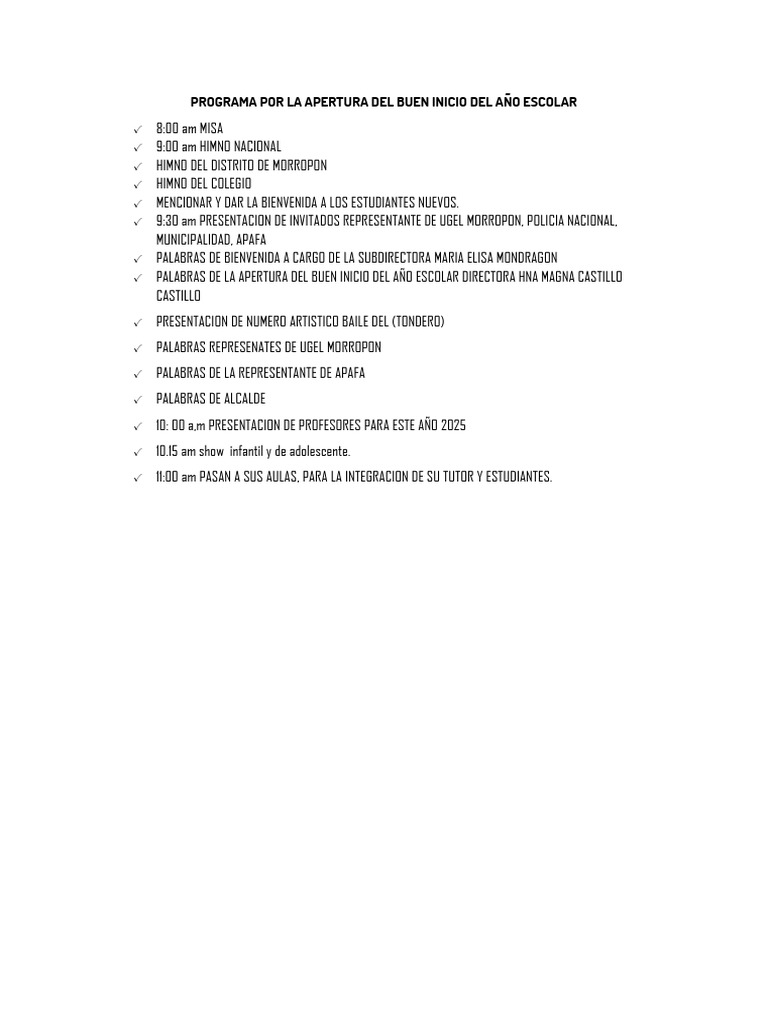 Apertura Del Buen Inicio Del Año Escolar | PDF