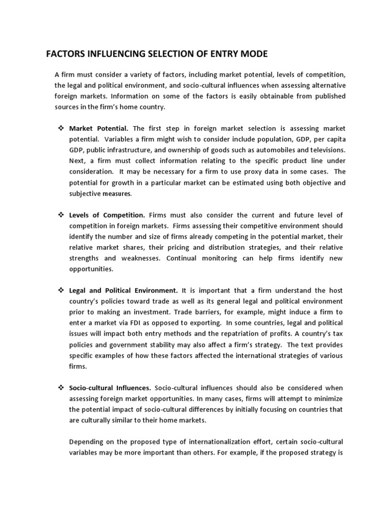 Factors Influencing Selection of Entry Mod1 | PDF | Market Analysis ...