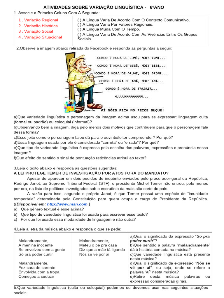 Atividades de Variação Linguística 6º Ano | PDF | Publicidade | Linguística