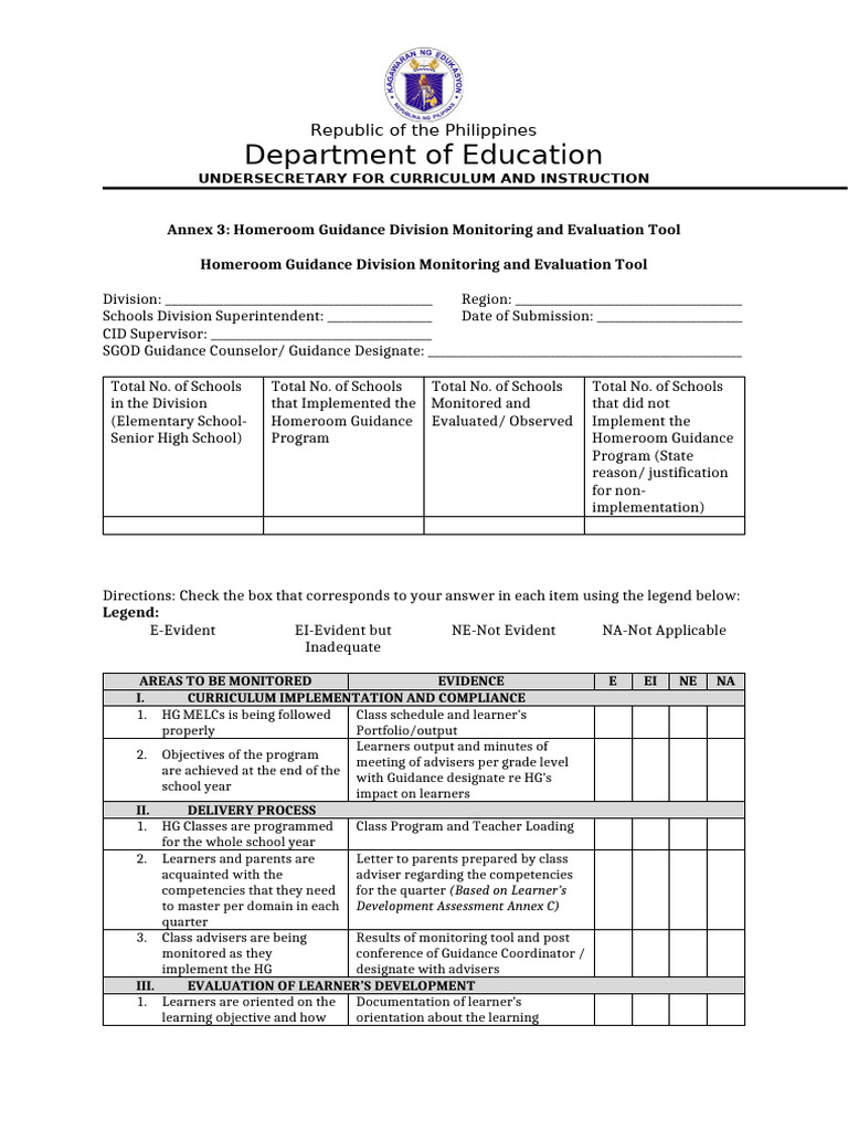Monitoring Tool for Homeroom Guidance | PDF | Learning | Evaluation