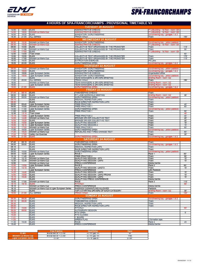 ELMS Spa Timetable Overview | PDF | Auto Races | Fédération ...