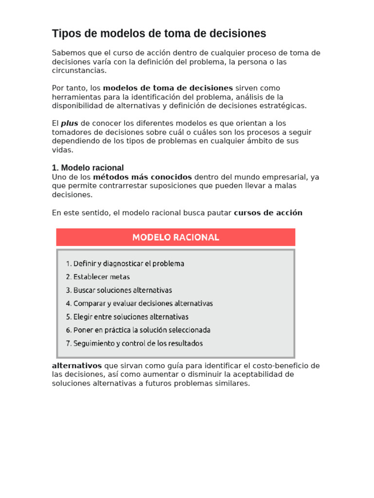 Tipos de Modelos de Toma de Decisiones | PDF | Toma de decisiones ...