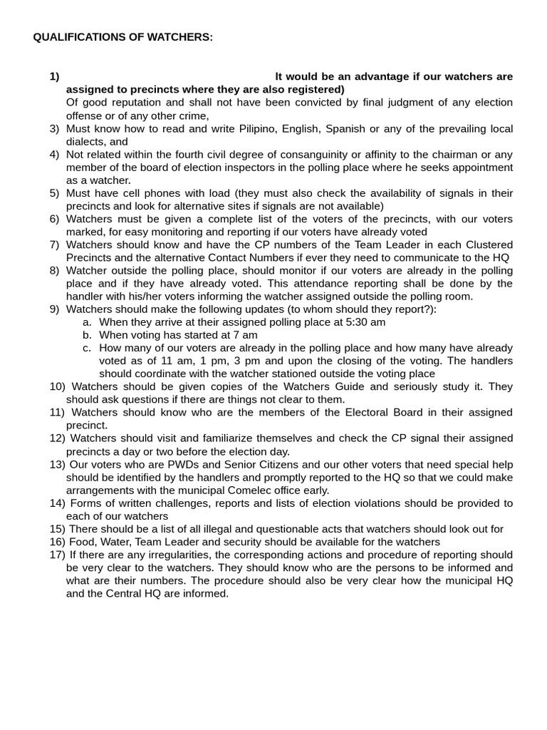 Watcher Qualifications and Responsibilities | PDF | Elections ...