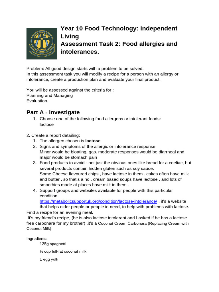 Modifying Recipes for Lactose Intolerance | PDF | Food Allergy | Pasta
