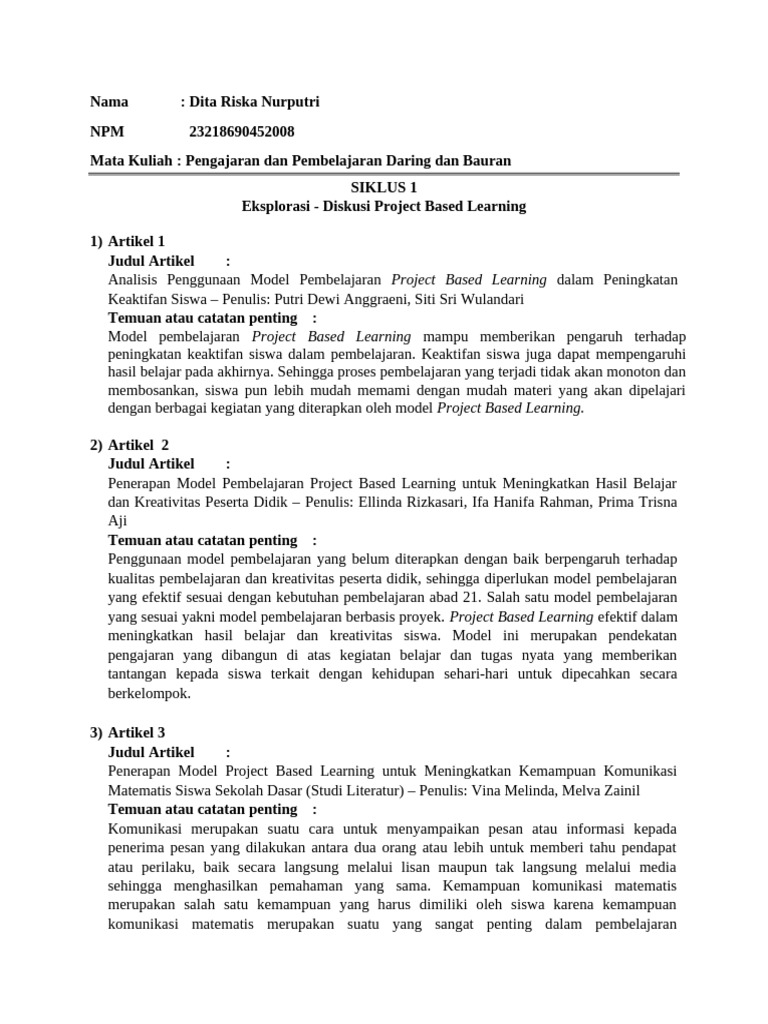 Eksplorasi-Diskusi Project Based Learning - Dita Riska N | PDF