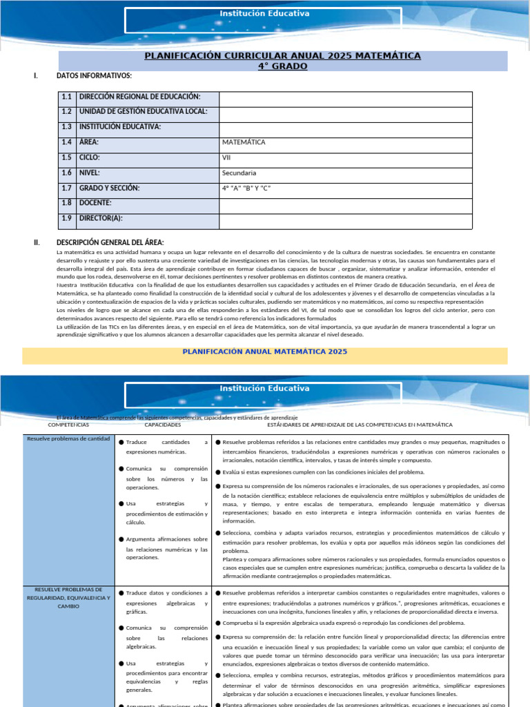 Planificación Anual Matemática 2025 | PDF | Ecuaciones | Geometría