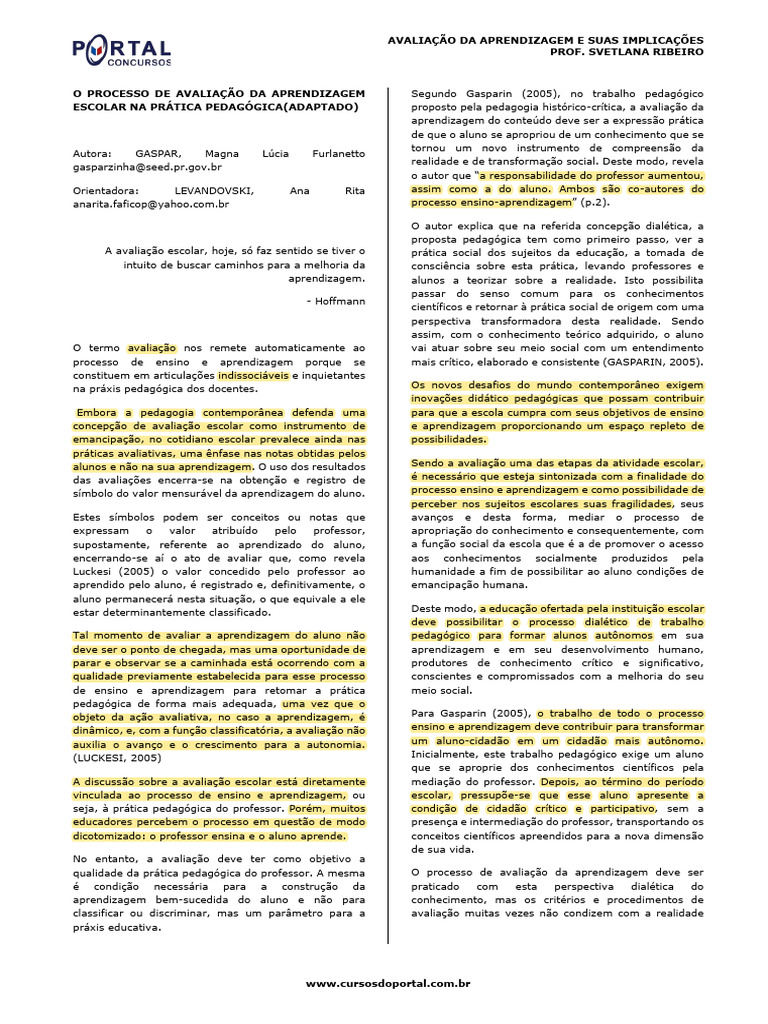 Avaliação da Aprendizagem na Prática Pedagógica | PDF | Pedagogia ...