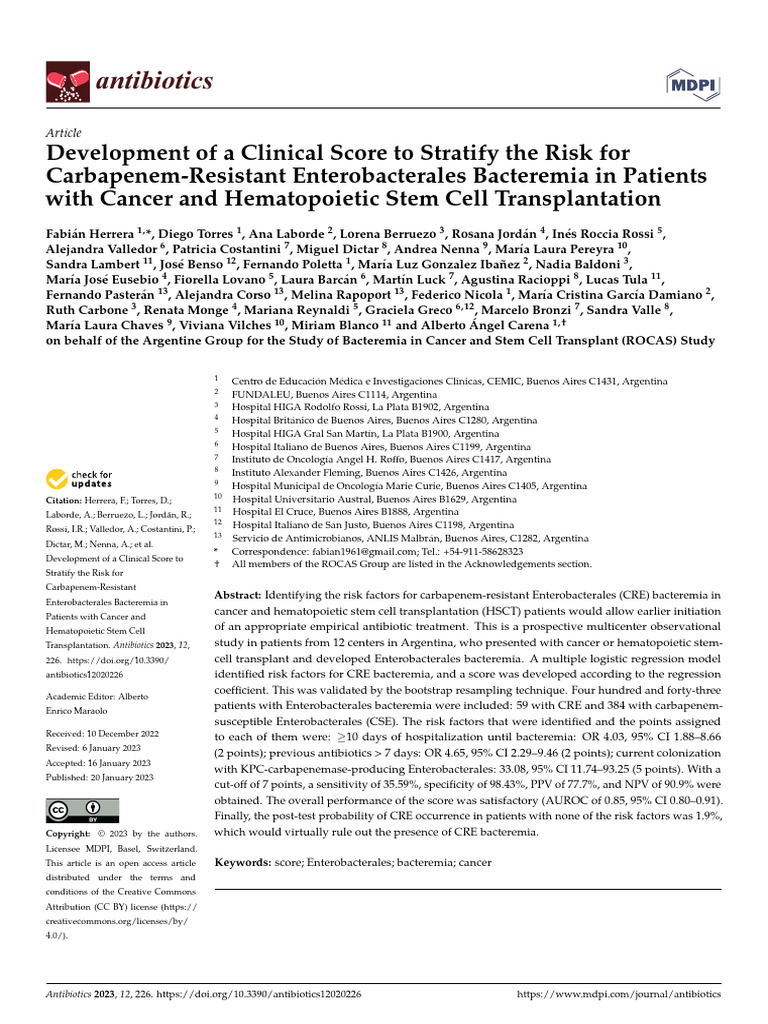 Clinical Score for CRE Bacteremia Risk | PDF | Infection ...