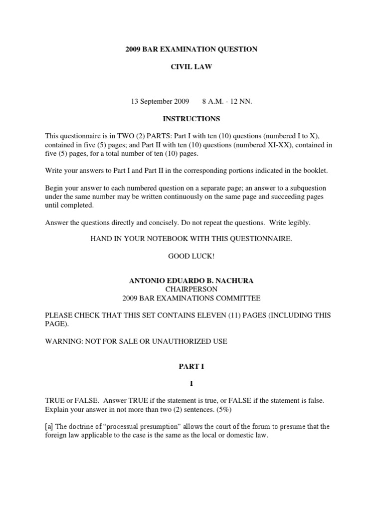 2009 Philippine Bar Exam Questions | PDF | Lawsuit | Judgment (Law)