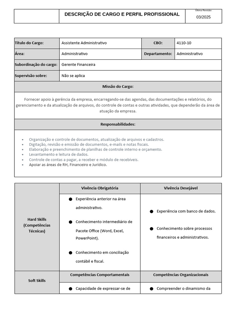 Descrição do Cargo: Assistente Administrativo | PDF | Gestão de ...