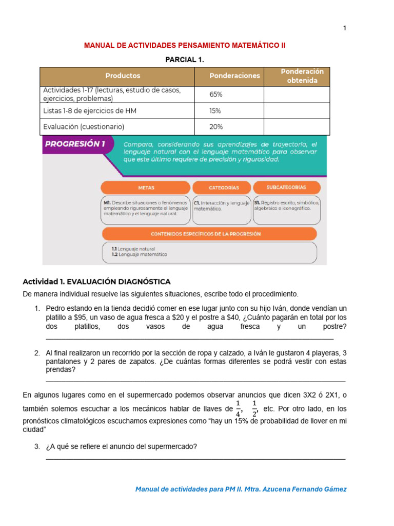 Actividades Diagnósticas PM II: Matemáticas | PDF | Matemáticas ...