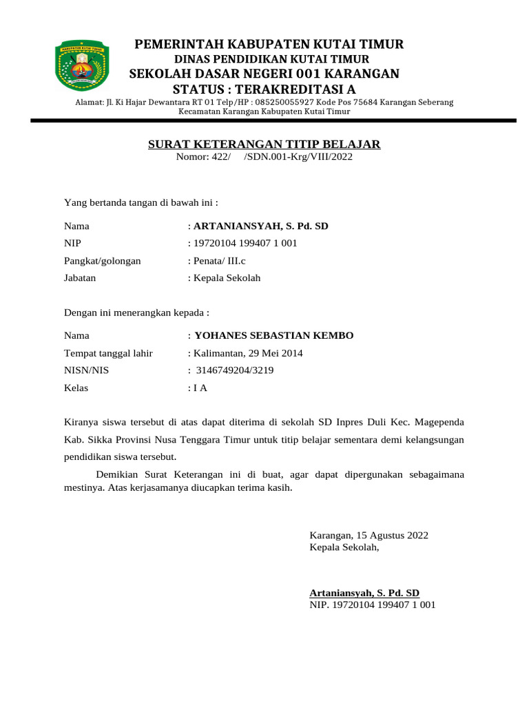 Surat Keterangan Titip Belajar SDN 001 | PDF