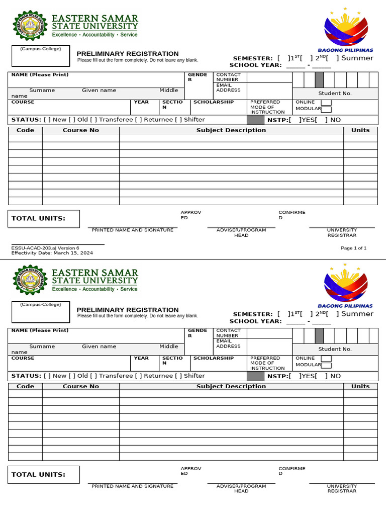 ESSU Preliminary Registration Form | PDF