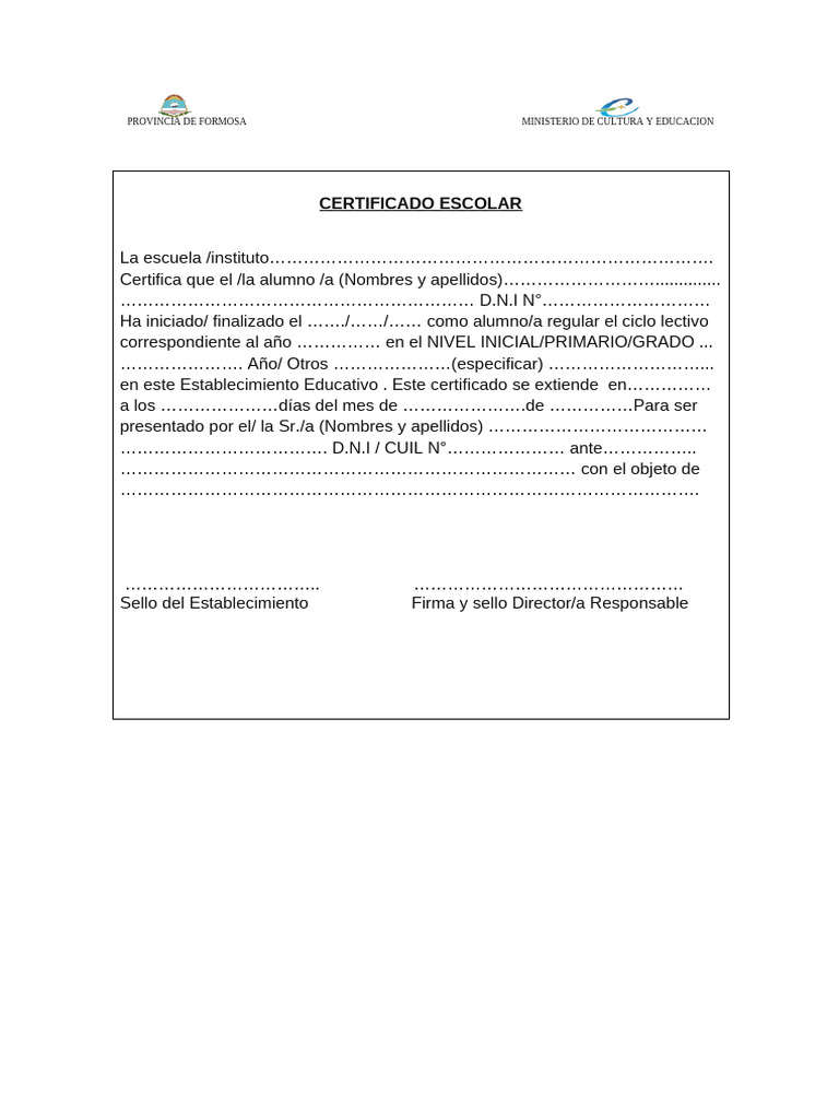 Certificado Escolar Formosa | PDF