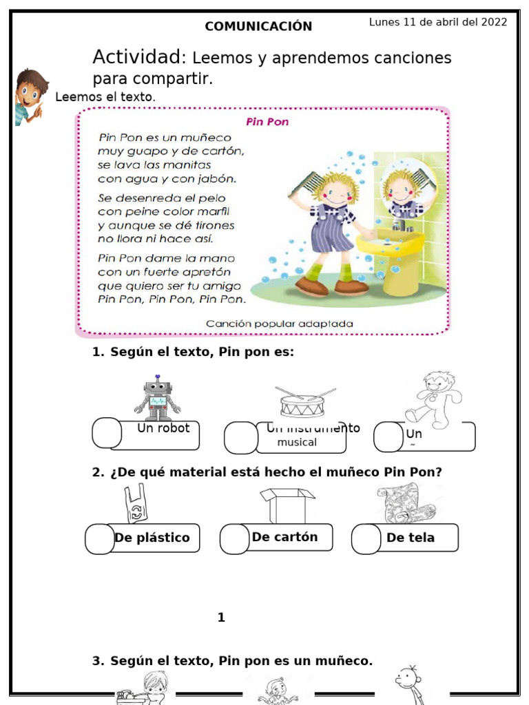 D1 A2 Ficha Leemos Y Aprendemos Canciones Para Compartir Pdf