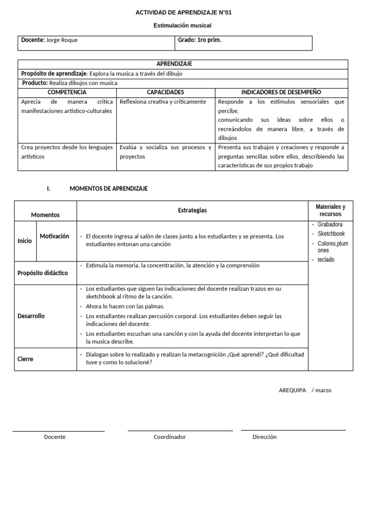 Actividad de Aprendizaje 01 - 1ro Prim. | PDF | Aprendizaje | Canciones