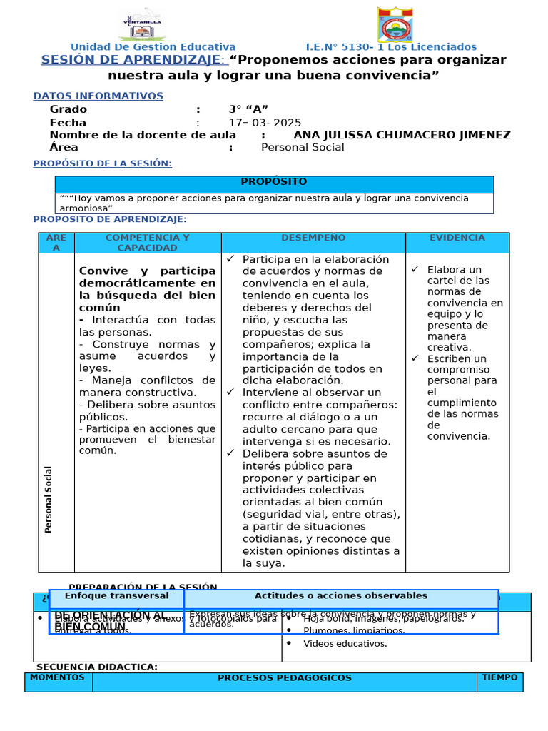 Sesion Proponemos Acciones para Organizar El Aula (P) | PDF | Salón de ...
